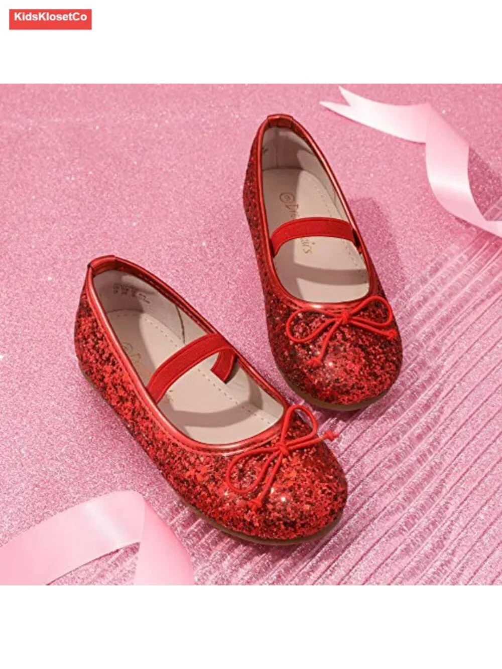 Toddler Girls Ballet Flats with Bow, Glitter Finish, Elastic Band